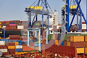 Containers on a vessel. Global market. Cargo shipping. Logistic