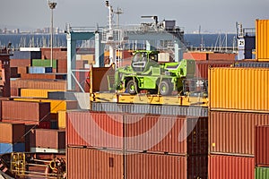 Containers on a vessel. Global market. Cargo shipping. Logistic