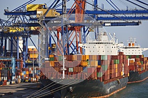 Containers on a vessel. Global market. Cargo shipping. Logistic