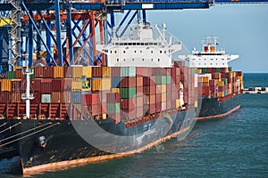 Containers on a vessel. Global market. Cargo shipping. Logistic