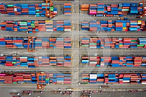 Containers warehouse and crane aerial top view in Thailand
