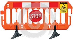 COVID-19 lockdown cordon containment barricade, obstacle detour road barrier fence, yellow biological hazard danger warning red photo