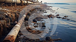 Contaminated water concept, Dirty water flows from the pipe into the river, sea, Water pollution, environment contamination