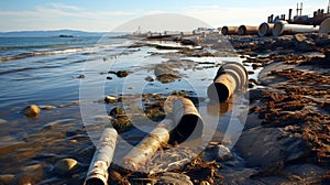 Contaminated water concept, Dirty water flows from the pipe into the river, sea, Water pollution, environment contamination