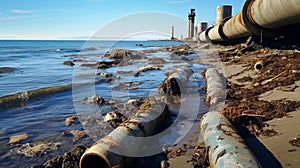 Contaminated water concept, Dirty water flows from the pipe into the river, sea, Water pollution, environment contamination