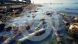 Contaminated water concept, Dirty water flows from the pipe into the river, sea, Water pollution, environment contamination