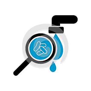 Contaminated water icon  icon. Bacteria in water. Cholera. Magnifying glass. Cholera