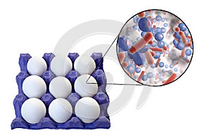 Contamination of eggs with bacteria, medical concept for transmission of food infections through eggs photo