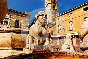 Contarini fountain on Piazza Vecchia, Citta Alta, Bergamo city, Italy