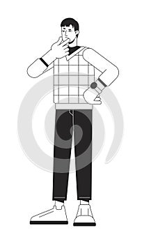 Contemplate pensive young man flat line black white vector character
