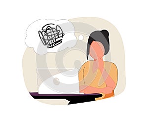 Contemplations, figuring out, untangling, and problem-solving. Cute cartoon girl sitting in front of the laptop.