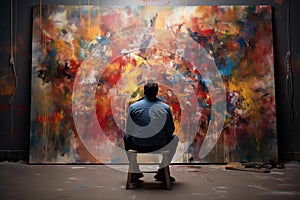 Contemplative artist seated in front of a canvas. Generative AI