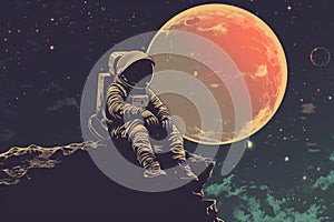 Contemplative Astronaut sitting on planet. Generate Ai