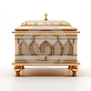Contemplative Atmosphere: Ornamental Gold Casket On White Background