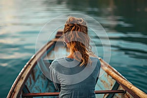Contemplative Back view woman relaxing boat. Generate Ai