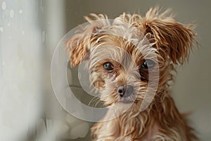 A contemplative brown puppy gazes outside