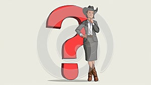 Contemplative Businesswoman Boots Cowboy Hat Red Question Mark Copy-Space