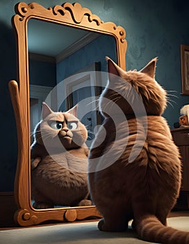 Contemplative Cat with Its Mirror Image AI Generative