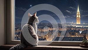Contemplative Cat by Nightlit Cityscape