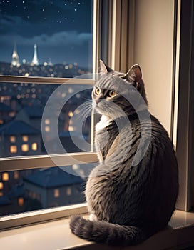 Contemplative Cat by Nighttime Window