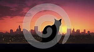 Contemplative Cat Silhouette Against Urban Sunset