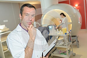 Contemplative doctor in radiology department