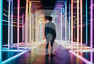 Contemplative Figure Amidst a Vibrant Neon Light Installation Corridor