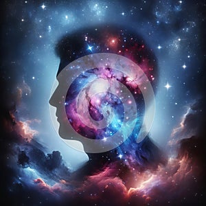 A contemplative human profile emerges from a vibrant cosmic nebula, evoking themes of cosmic imagination and introspection