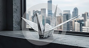 Origami Crane Made from Printed Document on Concrete Windowsill with Cityscape View