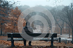 Contemplative individual on park bench amidst autumn foliage on a foggy day