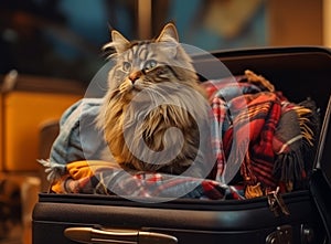 A contemplative Maine Coon cat sits cozily in a suitcase, draped in a plaid blanket, bathed in the soft glow of the