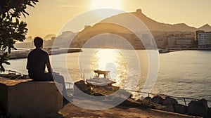 Contemplative Man Overlooking the Harbor at Sunrise