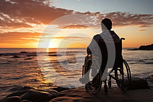 Contemplative Man in Wheelchair at Seaside Sunset. Generative AI