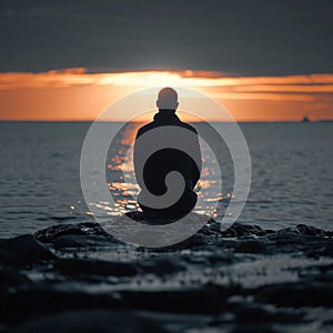 Contemplative moment Mans silhouette gazes over Gulf of Finland