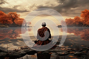 Contemplative Monk sitting lake. Generate Ai