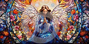 A contemplative praying angel, surrounded by intricate patterns in a stained glass, each segment representing a