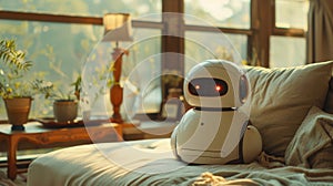 Contemplative robot seated in living room AI Generated