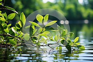 Contemplative scene of green leaves mirrored in a still water surface, go green images