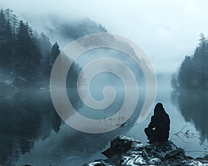 Contemplative wanderer by a placid lake