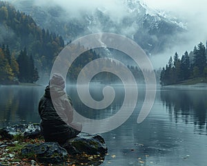 Contemplative wanderer by a placid lake