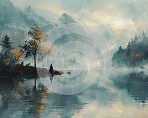 Contemplative wanderer by a placid lake