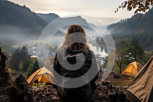 Contemplative woman enjoying the peacefulness of a river valley at dawn photo