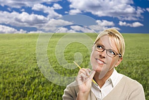 Contemplative Woman in Grass Field Looking Up and Over