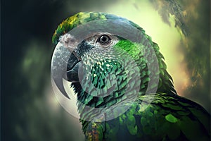 Contemporary abstract artwork double exposure of green parrot and forest photo