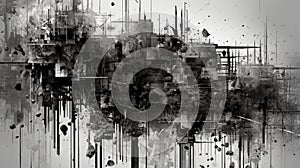 Contemporary abstract geometric art of buildings. Black and white graphic. Town. Generative AI. Illustration for banner, poster,