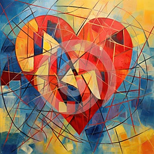 Contemporary abstract painting with a heart spiraling in blue and red. AI generation