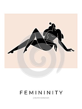 Contemporary abstract poster. Nude female body, woman silhouette, minimalist modern graphic, feminine design. Femininity