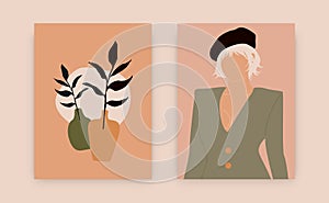 Contemporary abstract posters. Modern female set, fashion woman silhouette pastel colors, vase, pottery. Vector illustration