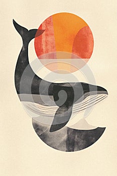Contemporary animal collage art with whale, risograph print