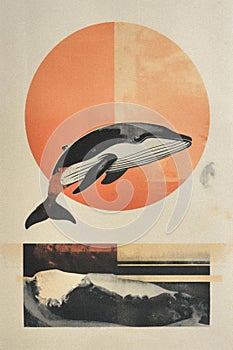 Contemporary animal collage art with whale, risograph print